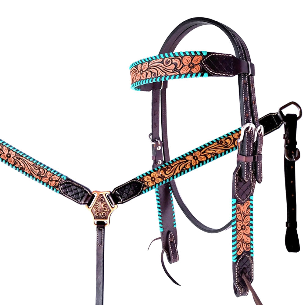 HILASON Western Horse Headstall & Breast Collar American Leather Floral Carving
