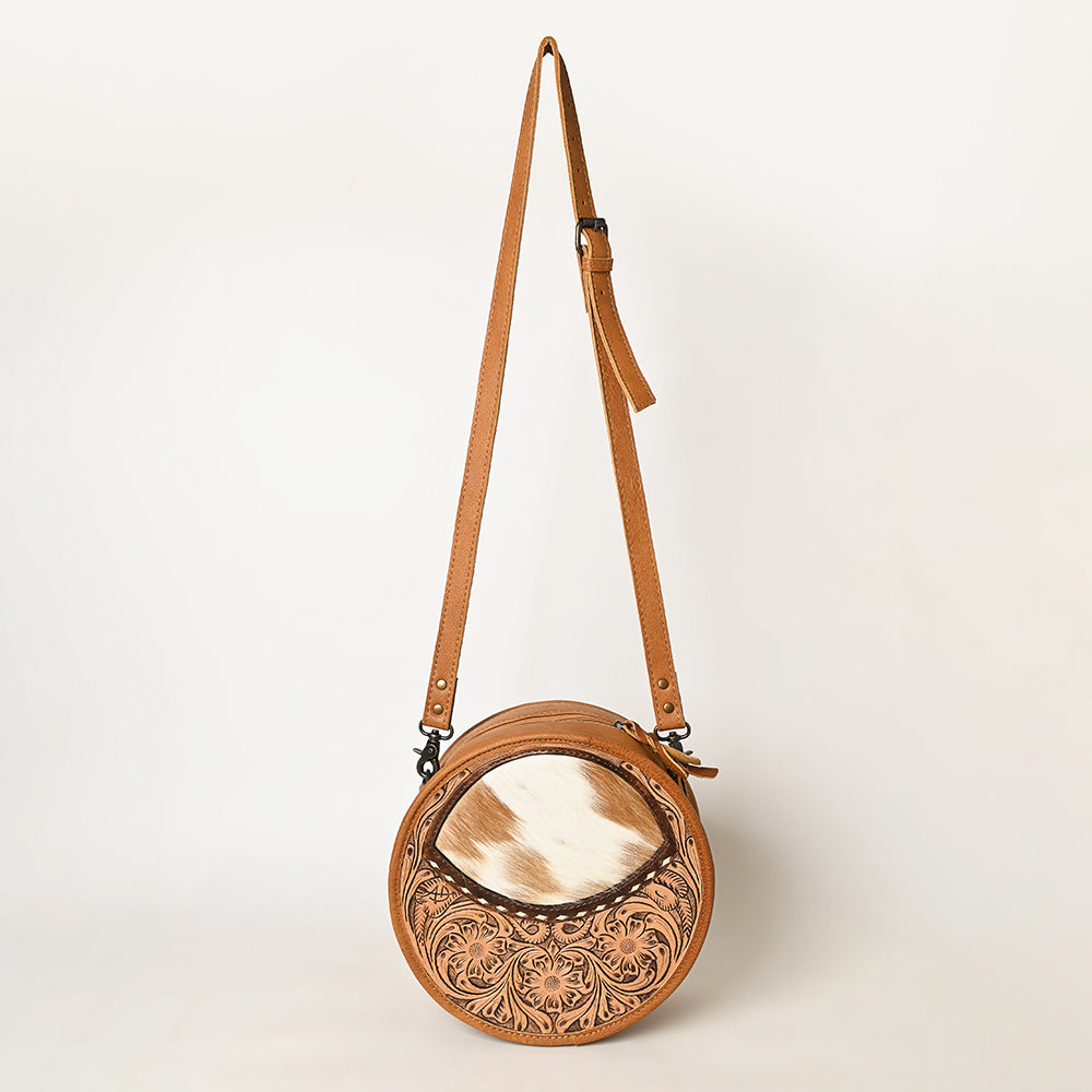 American Darling Canteen Bag Hand Tooled Floral Carved Hair-On Cowhide Genuine Leather Purse Buck stitched YKK Zipper