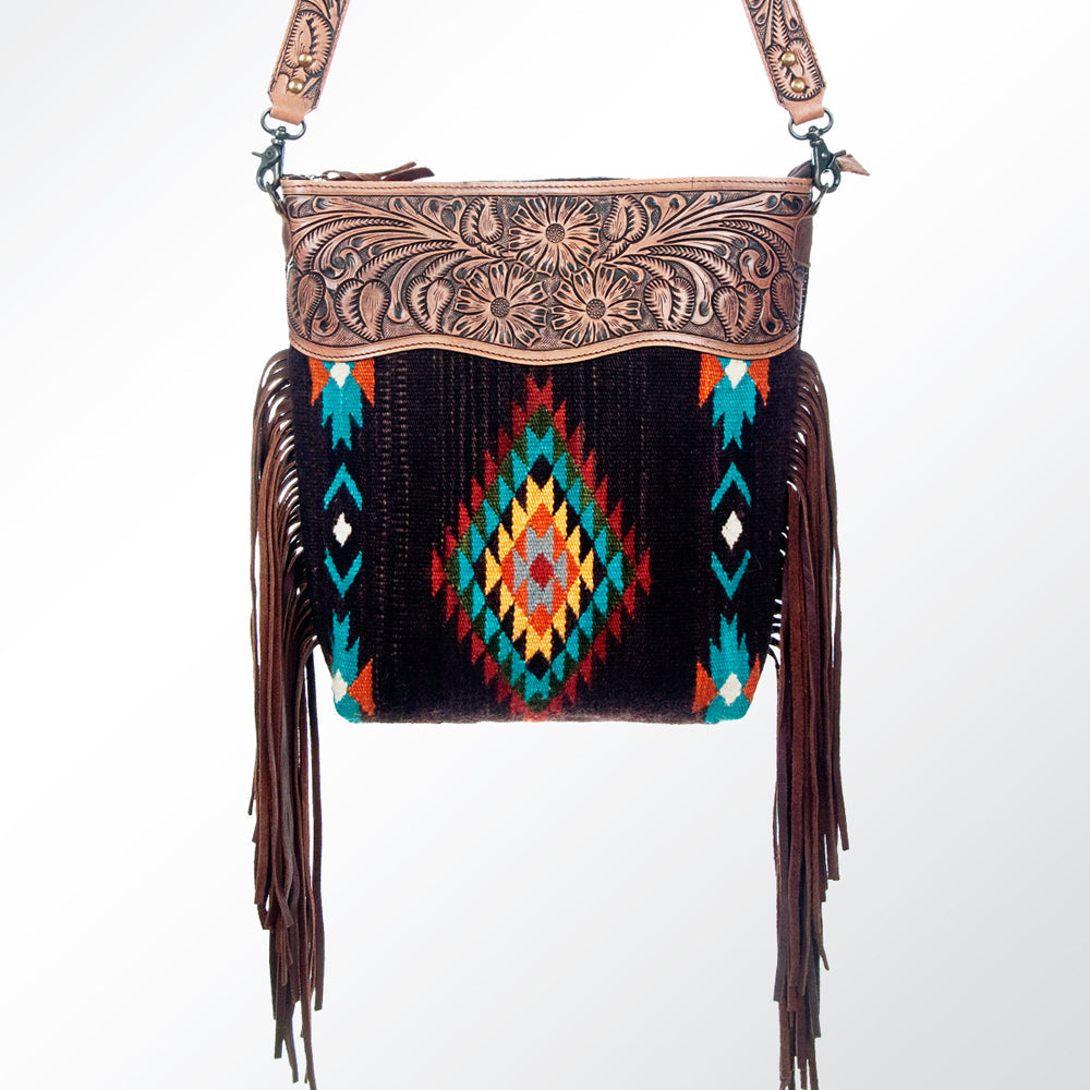 American Darling Signature Cross Body Bag Hand Tooled Floral Carved Leather Woven Saddle Blanket Fringes Genuine Leather