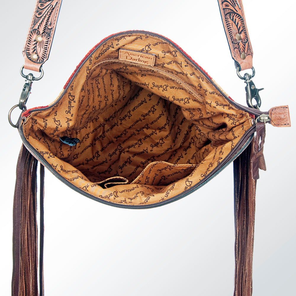 American Darling Signature Cross Body Bag Hand Tooled Floral Carved Leather Woven Saddle Blanket Fringes Genuine Leather