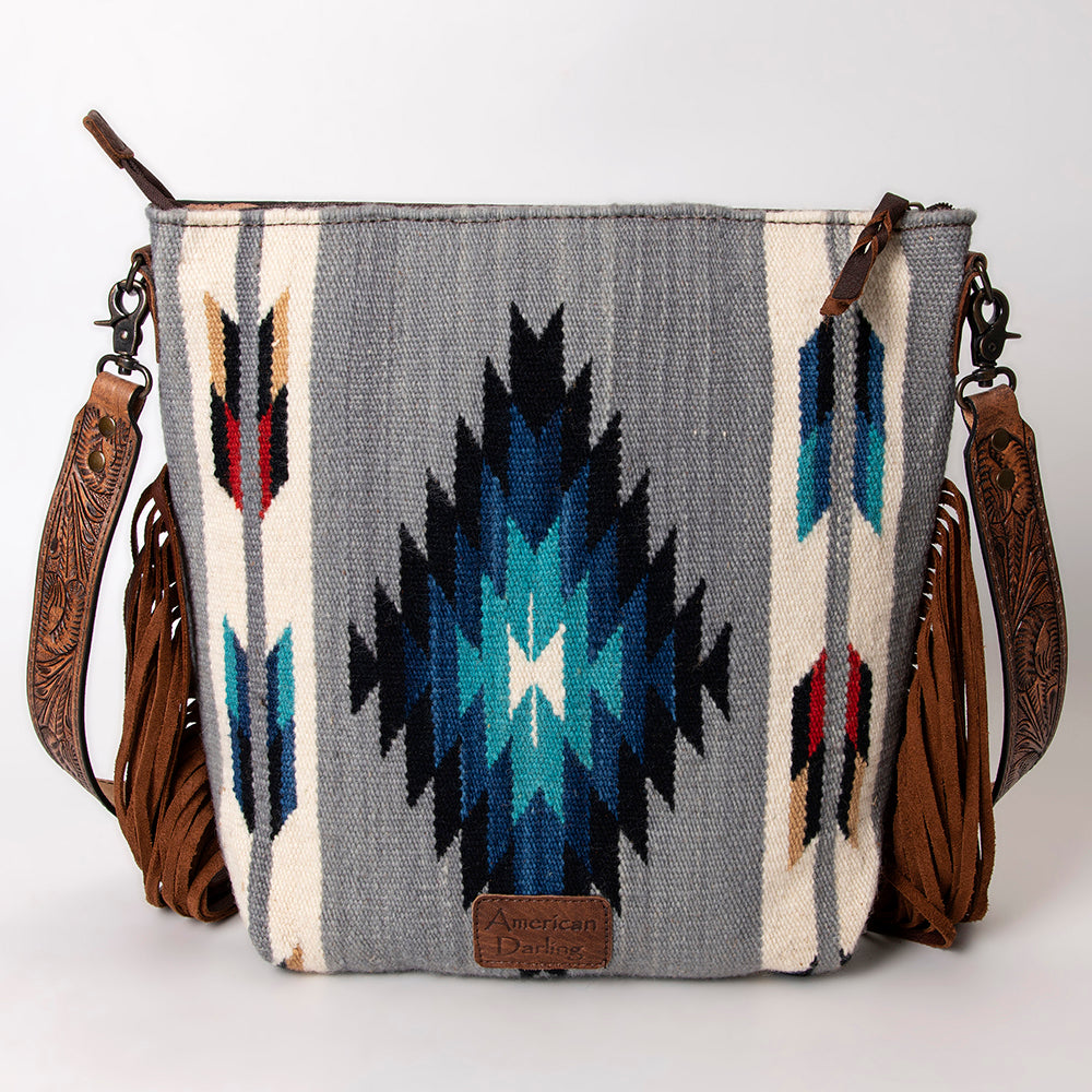 American Darling Signature Cross Body Bag Hand Tooled Floral Carved Leather Woven Saddle Blanket Fringes Genuine Leather