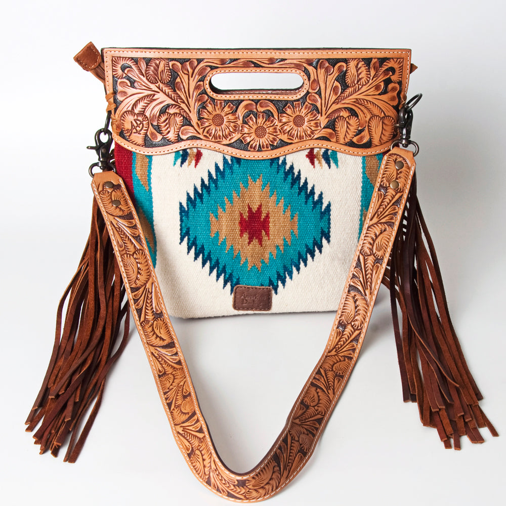 American Darling Western Clutch Bag Hand Tooled Floral Carved Hand Woven Saddle Blanket Leather Crossbody with Fringes