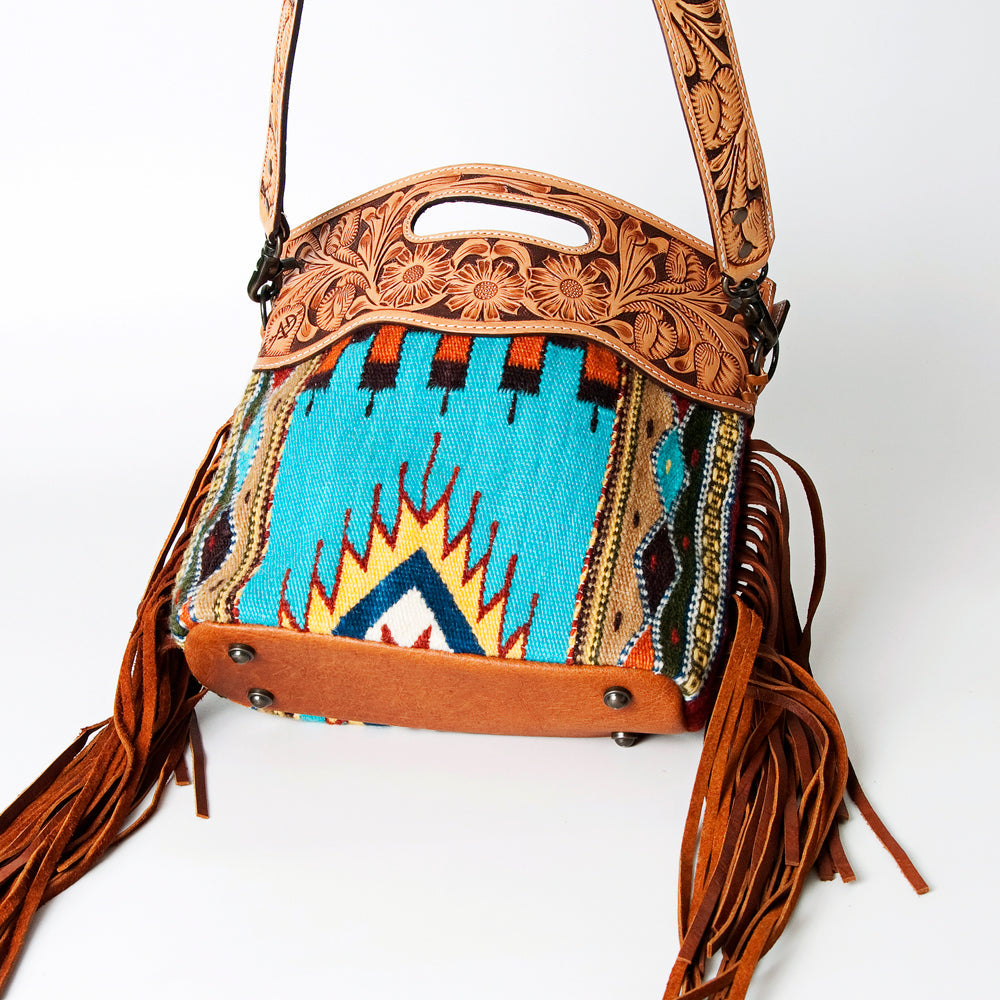 American Darling Western Clutch Bag Hand Tooled Floral Carved Hand Woven Saddle Blanket Leather Crossbody with Fringes