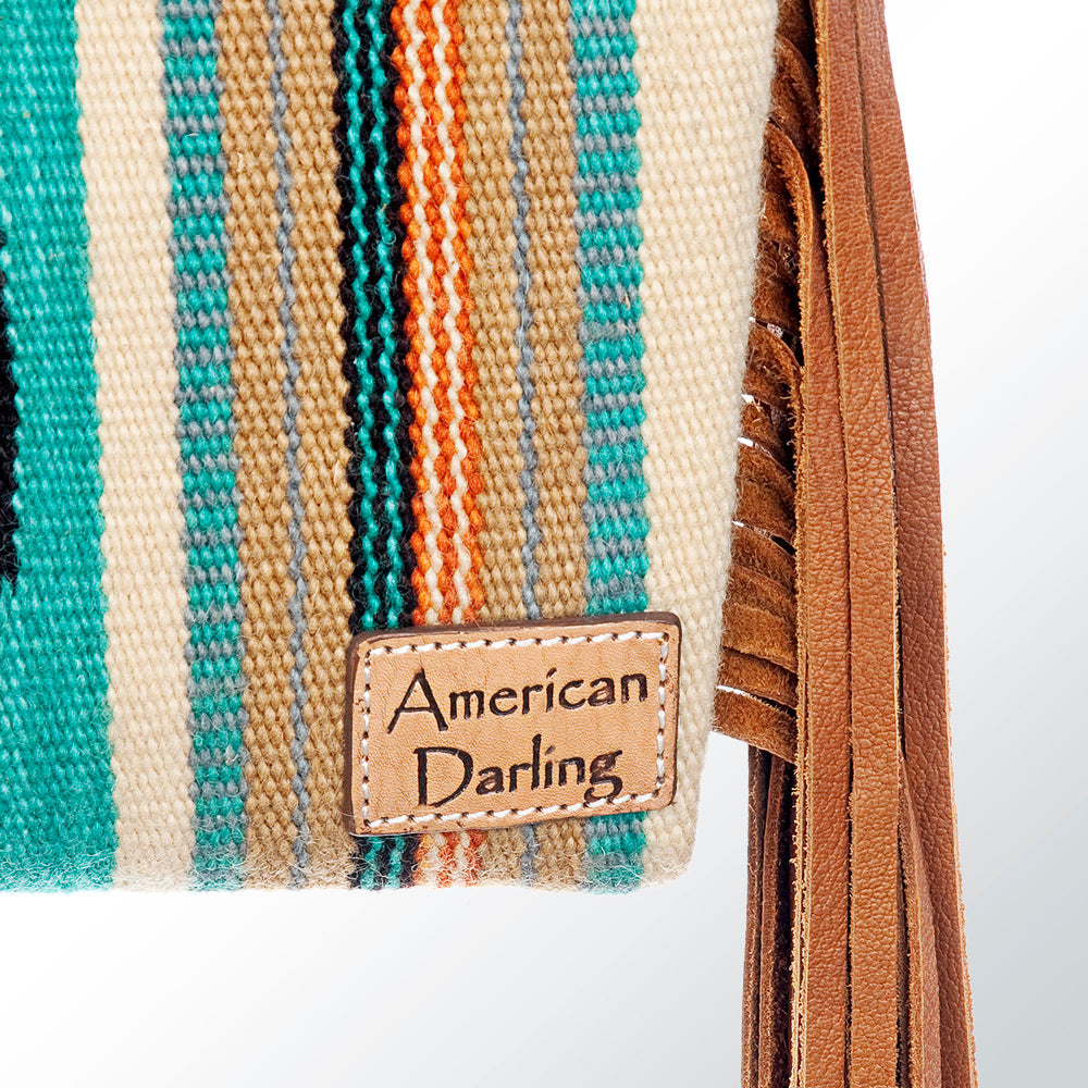 American Darling Western Clutch Bag Hand Tooled Floral Carved Hand Woven Saddle Blanket Leather Crossbody with Fringes