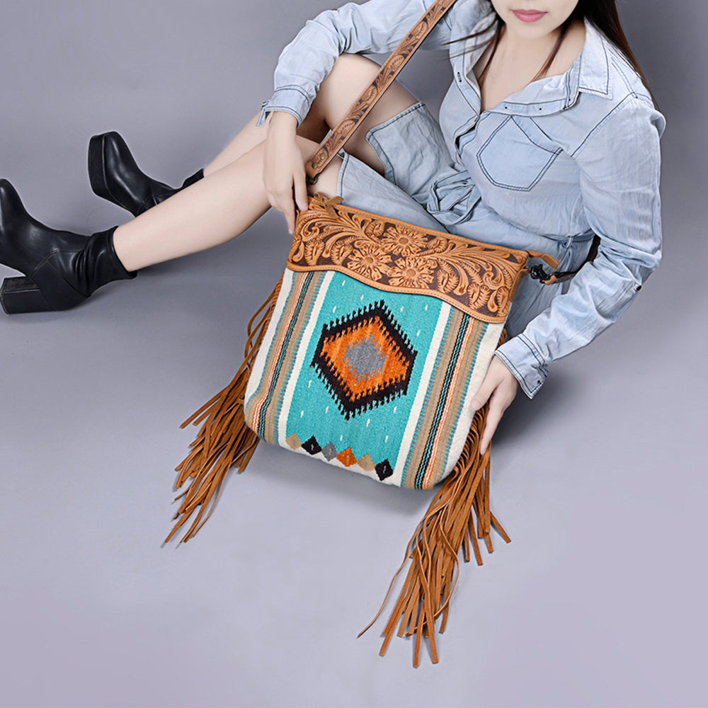 American Darling Signature Cross Body Bag Hand Tooled Floral Carved Leather Woven Saddle Blanket Fringes Genuine Leather