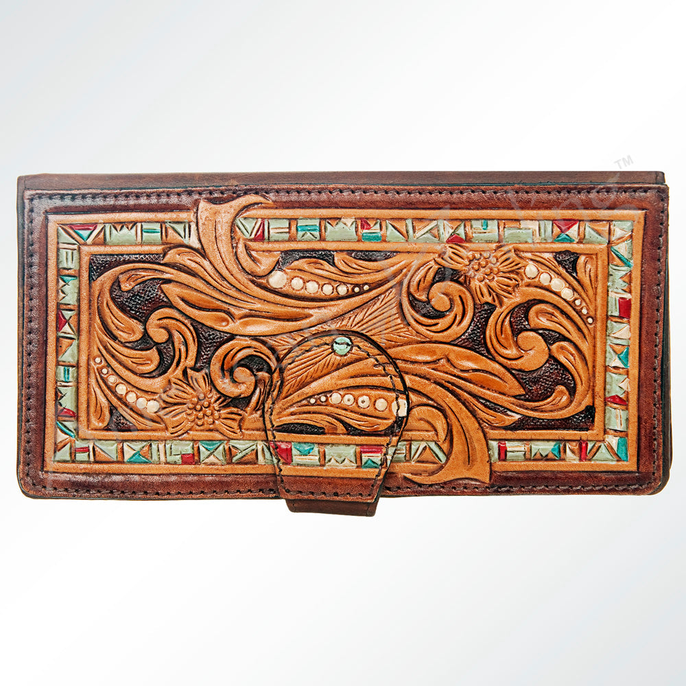 American Darling Wristlet Bag Hand Tooled Floral Carved Vegetable Tanned Western Leather Wallet Purse 4in x 8in
