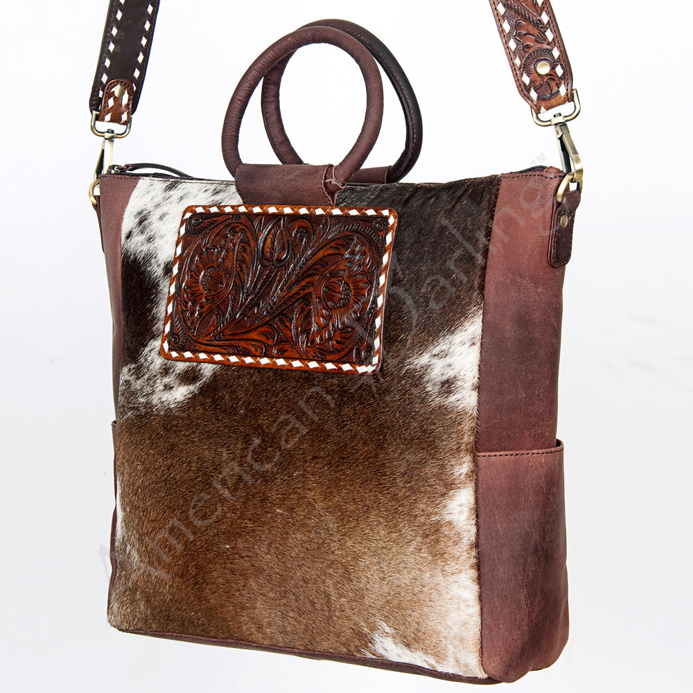 American Darling Hand-Tooled Leather Tote Bag, Hair-On Cowhide Western Purse, Buck Stitched, 14in (H) X 13.25in (W) X 4.25in (D)