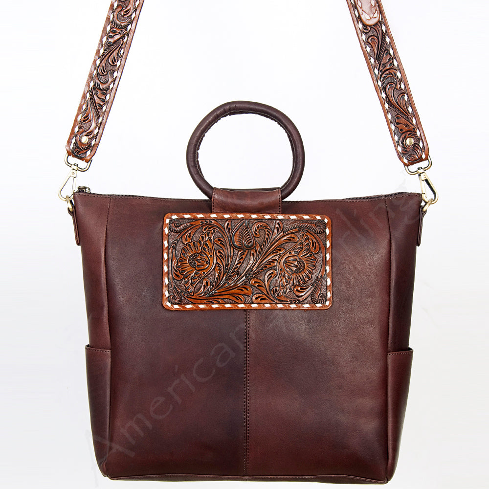 American Darling Hand-Tooled Leather Tote Bag, Hair-On Cowhide Western Purse, Buck Stitched, 14in (H) X 13.25in (W) X 4.25in (D)