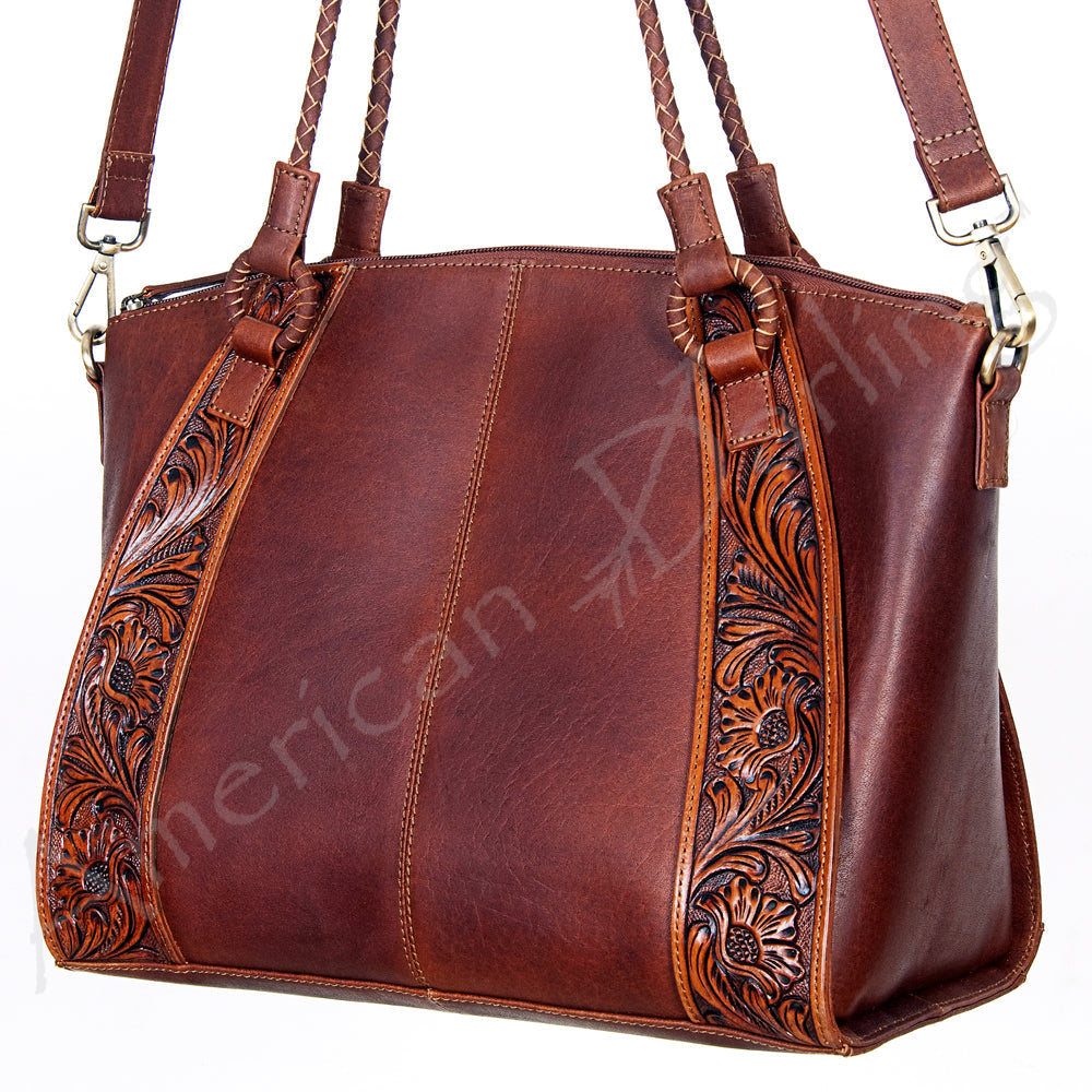 American Darling Hair-On Cowhide Tote Bag, Hand-Tooled Floral Western Leather Purse, Buck Stitched, 10in (H) X 13.5in (W) X 4in (D)