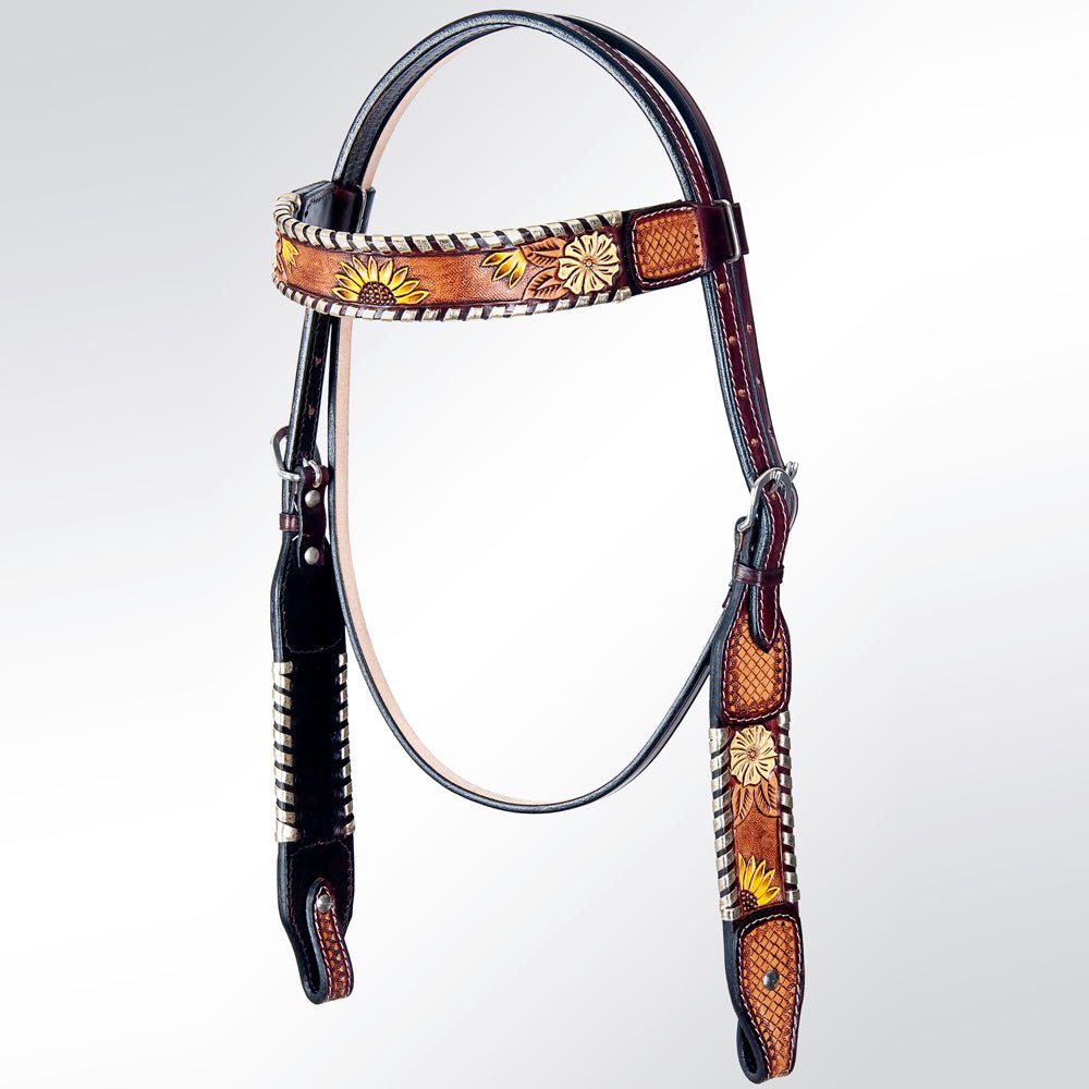 American Darling Western Horse Floral Headstall Genuine Leather Tan