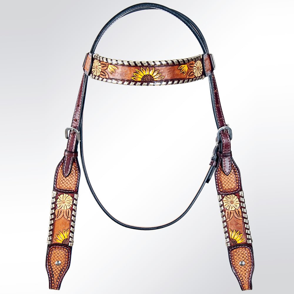 American Darling Western Horse Floral Headstall Genuine Leather Tan
