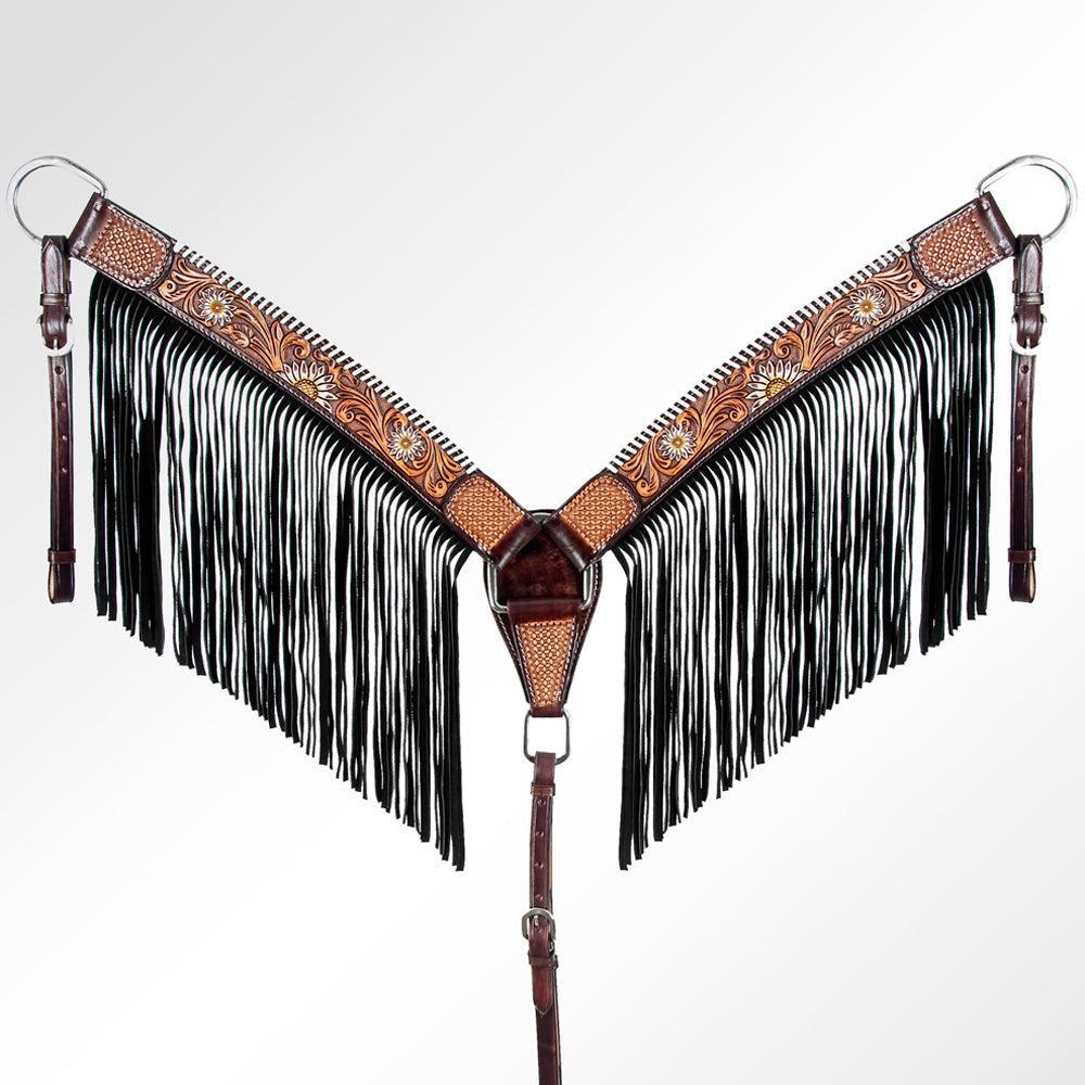 American Darling Western Horse Floral Breast Collor Genuine Leather Tan