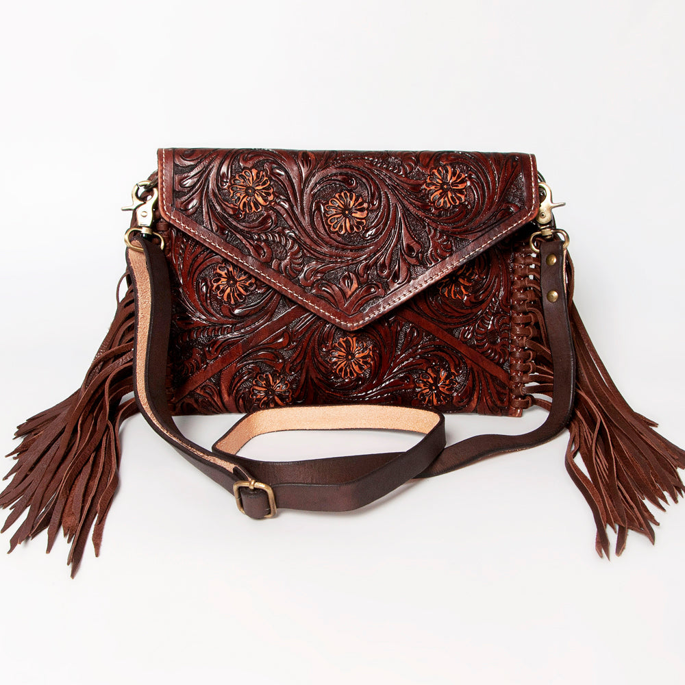 American Darling Large Cross body Bag, Hand Tooled Floral Leather & Woven Saddle Blanket Purse with Fringe and Buck Stitching