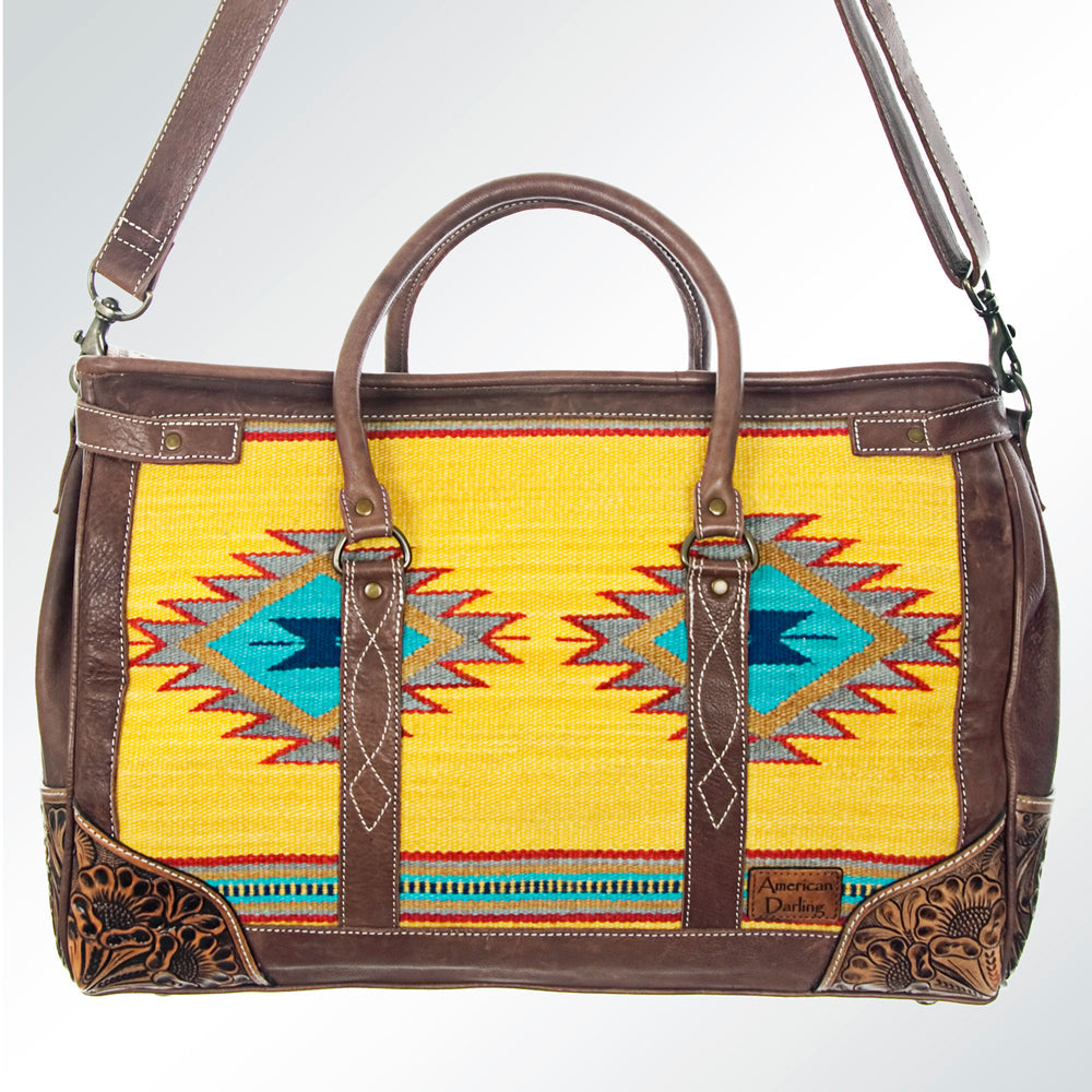 American Darling Duffel Bag Hand Tooled Floral Carved Hair-On Cowhide Genuine Vegetable Tanned Leather Travel Bag YKK Zipper