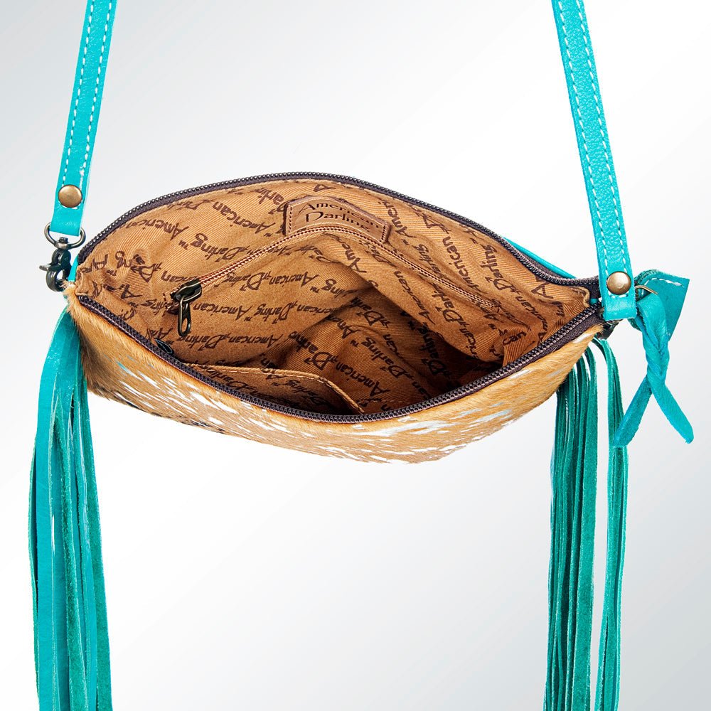 American Darling Western Small Crossbody Bag – Genuine Hair-On Cowhide Leather with Fringes, Adjustable Strap, Handcrafted in Texas