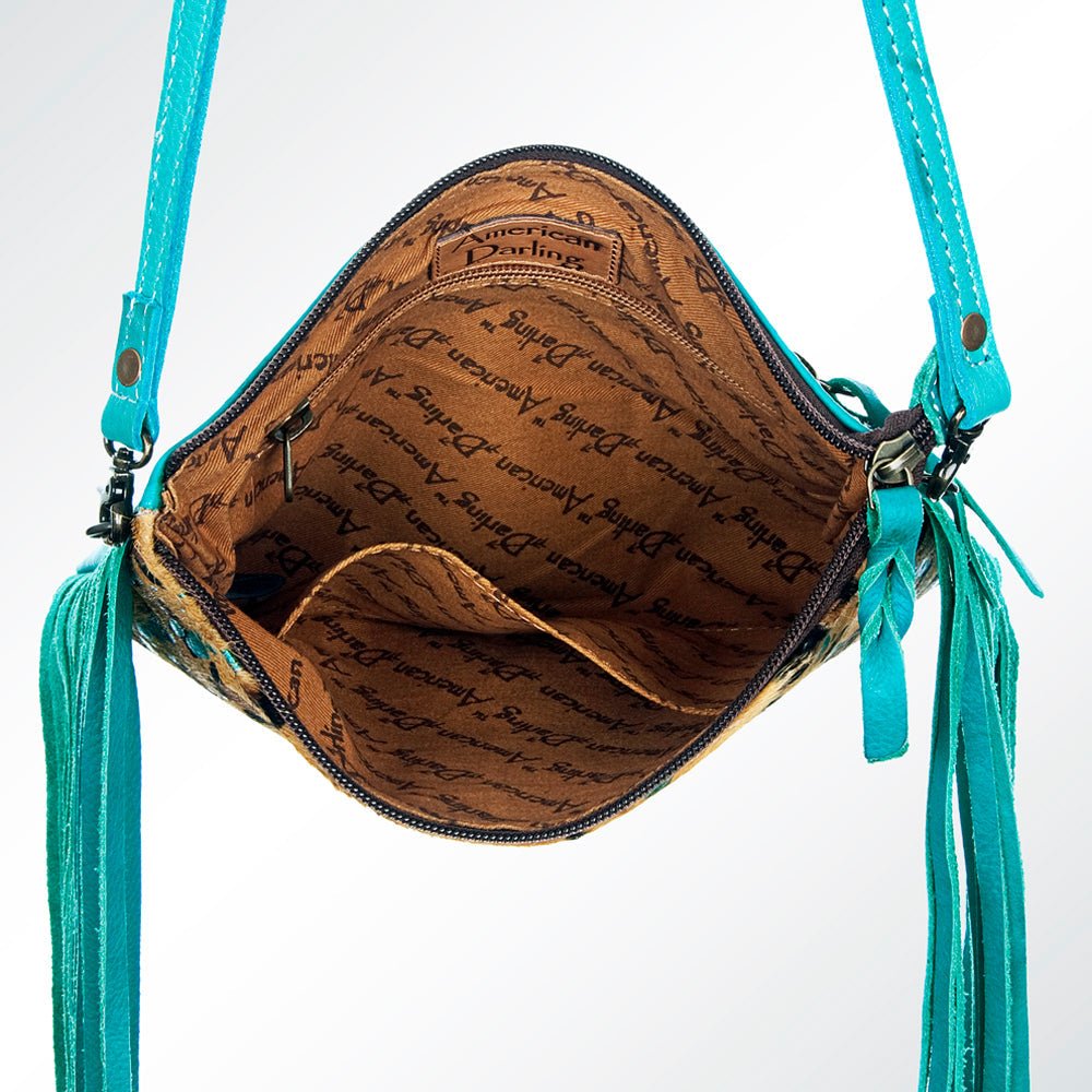 American Darling Western Small Crossbody Bag – Genuine Hair-On Cowhide Leather with Fringes, Adjustable Strap, Handcrafted in Texas