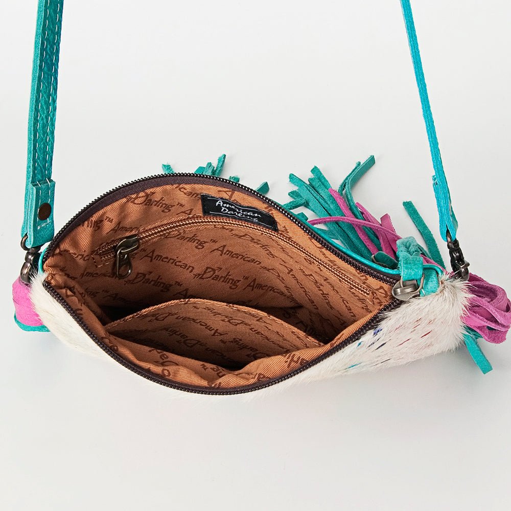 American Darling Western Small Crossbody Bag – Genuine Hair-On Cowhide Leather with Fringes, Adjustable Strap, Handcrafted in Texas