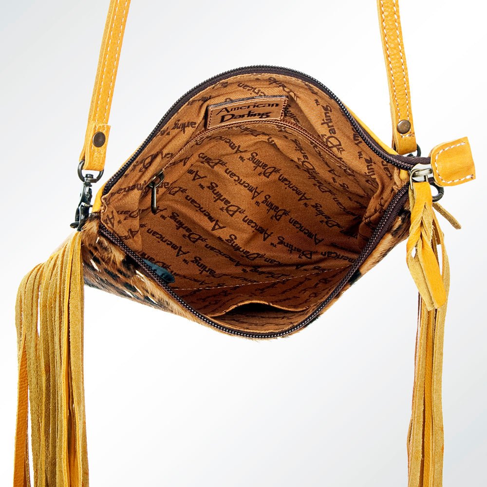 American Darling Western Small Crossbody Bag – Genuine Hair-On Cowhide Leather with Fringes, Adjustable Strap, Handcrafted in Texas