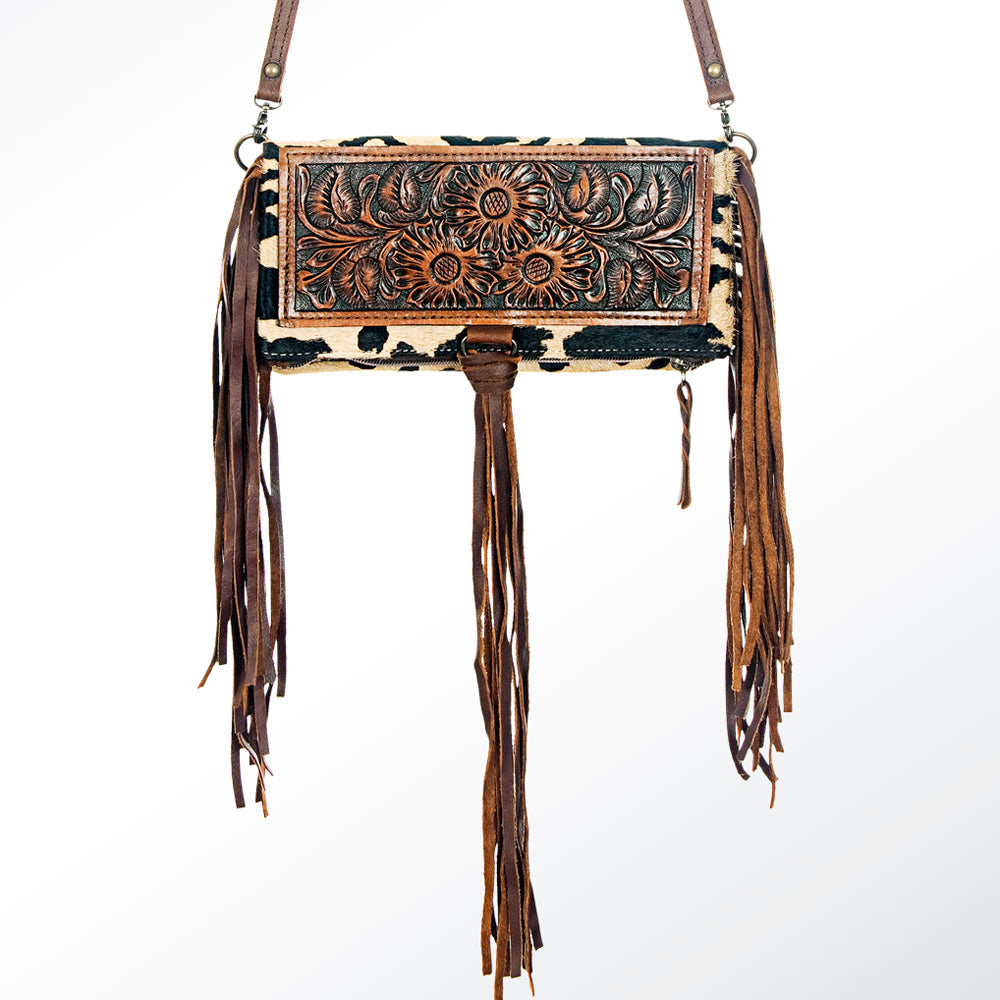 American Darling Wallet Bag Hand Tooled Floral Carved Hair-On Cowhide Genuine Leather Purse Fringes with YKK Zipper
