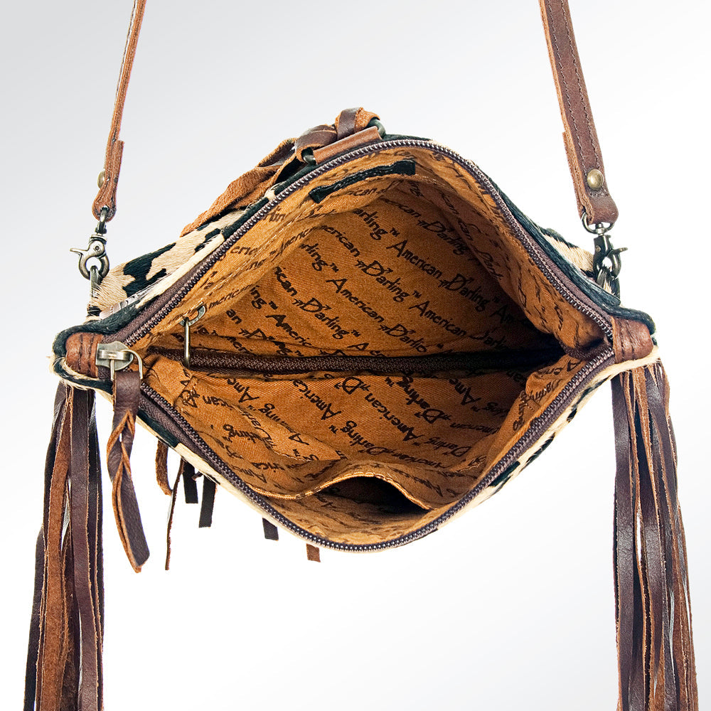 American Darling Wallet Bag Hand Tooled Floral Carved Hair-On Cowhide Genuine Leather Purse Fringes with YKK Zipper