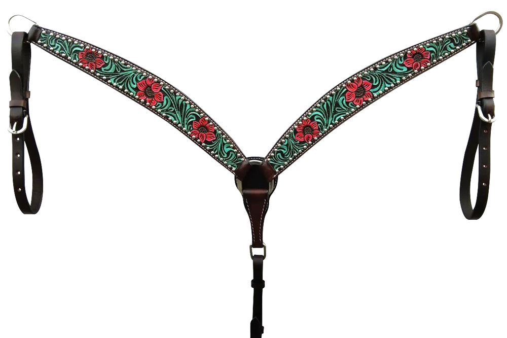 Bar H Equine American Leather Horse Saddle Tack One Ear Headstall Breast Collar Browband Wither Strap Set Botanic Chiseled