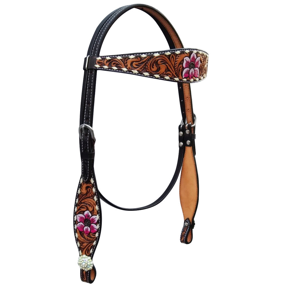 Bar H Equine American Leather Horse Saddle Tack One Ear Headstall | Breast Collar | Browband Headstall | Wither Strap | Tack Set for Horses Tropical Chaya Collection