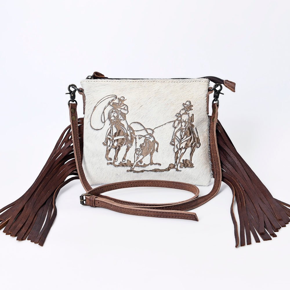 American Darling Western Small Crossbody Bag – Genuine Hair-On Cowhide Leather with Fringes, Adjustable Strap, Handcrafted in Texas