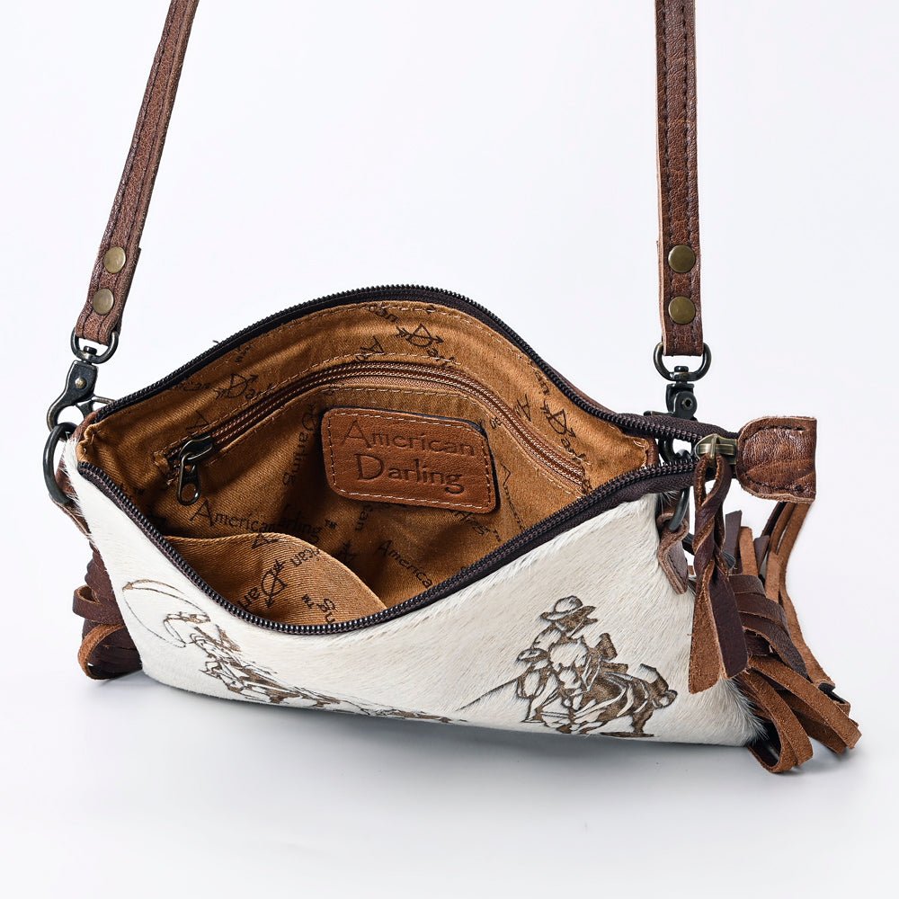 American Darling Western Small Crossbody Bag – Genuine Hair-On Cowhide Leather with Fringes, Adjustable Strap, Handcrafted in Texas