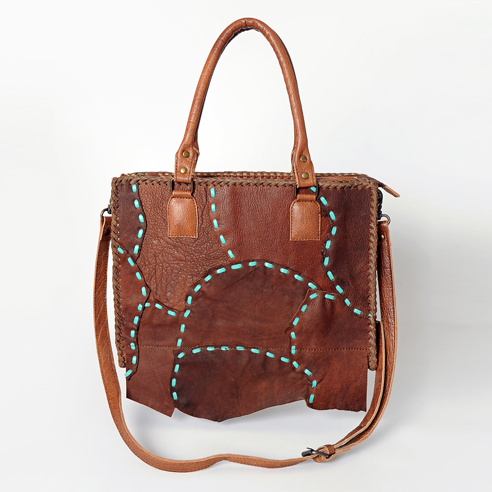 American Darling Tote Bag Genuine Leather Western Purse with Buck Stitched Patchwork Braided Trim and YKK Zipper