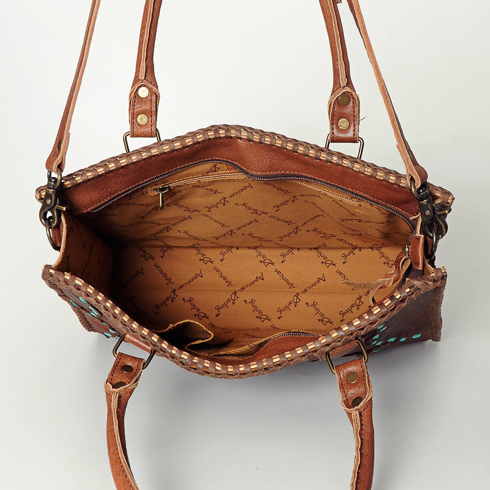 American Darling Tote Bag Genuine Leather Western Purse with Buck Stitched Patchwork Braided Trim and YKK Zipper