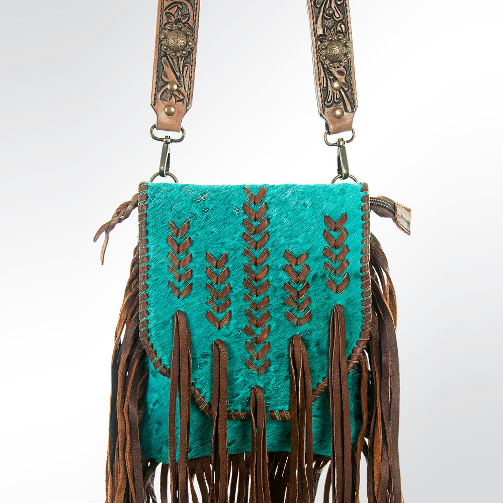 American Darling Cross body Bag, Hand Tooled Floral Carved Strap Vegetable-Tanned Leather, Hair-On Cowhide Western Fringed Bag