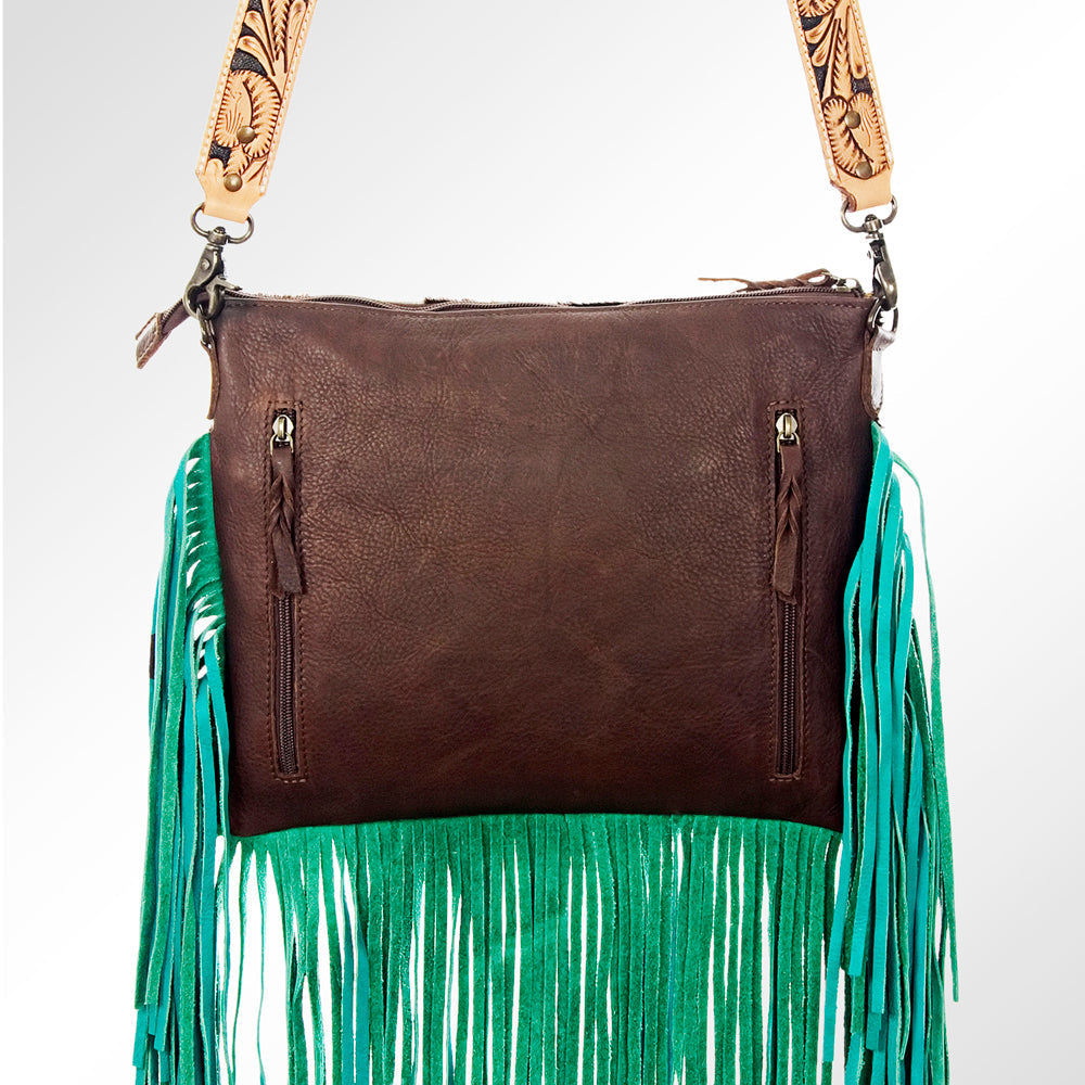 American Darling Cross body Bag Hand Tooled Floral Carved Cowhide Genuine Leather Western Purse with Fringes & YKK Zipper
