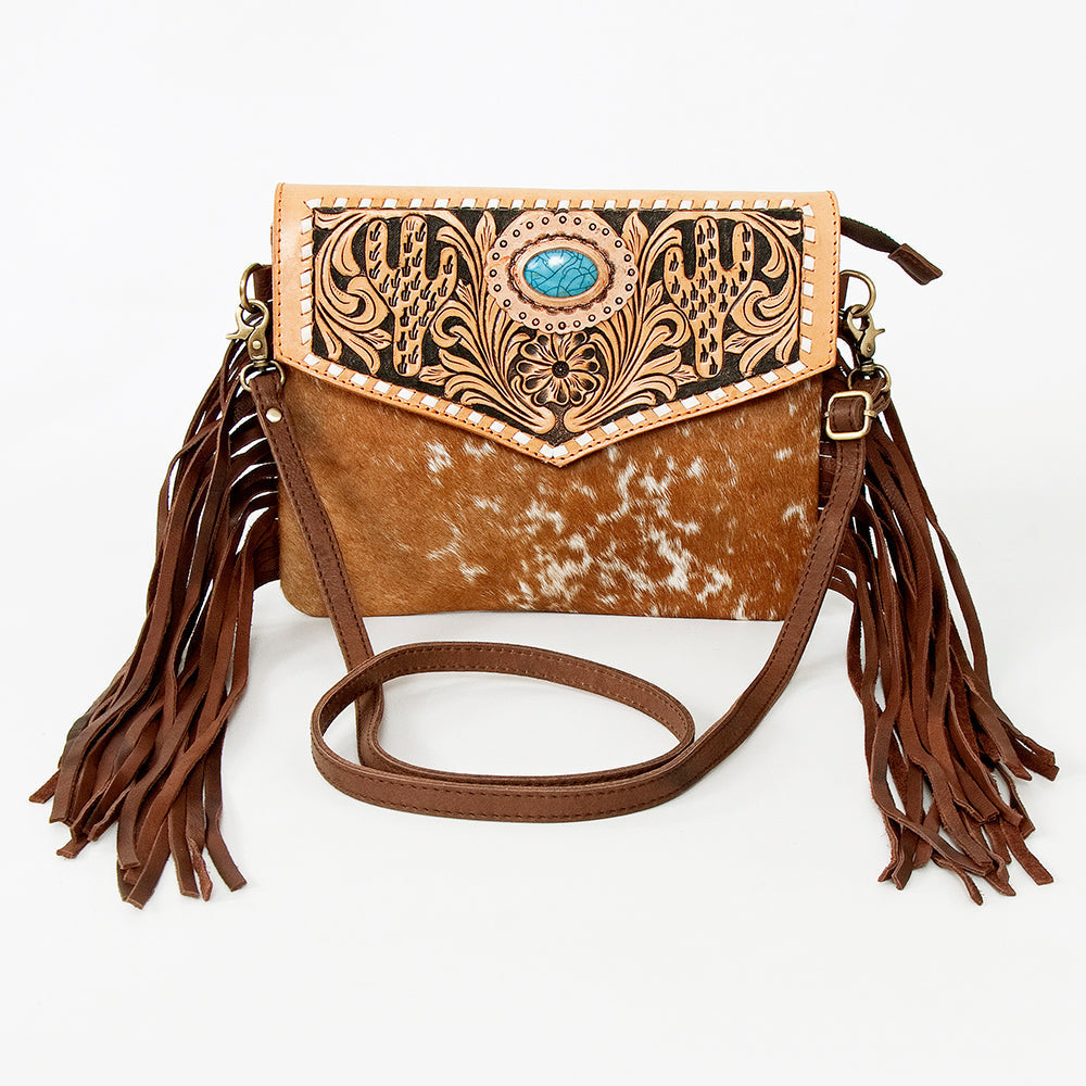 American Darling Western Envelope Bag, Hand Tooled Floral Leather & Hair-On Cowhide Crossbody with Fringes, 8in (H) X 11in (W)