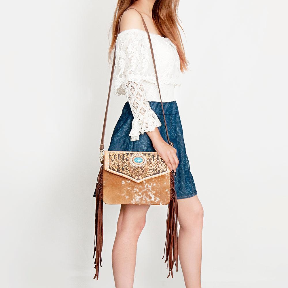 American Darling Hand-Tooled Hair-On Leather Envelope Bag