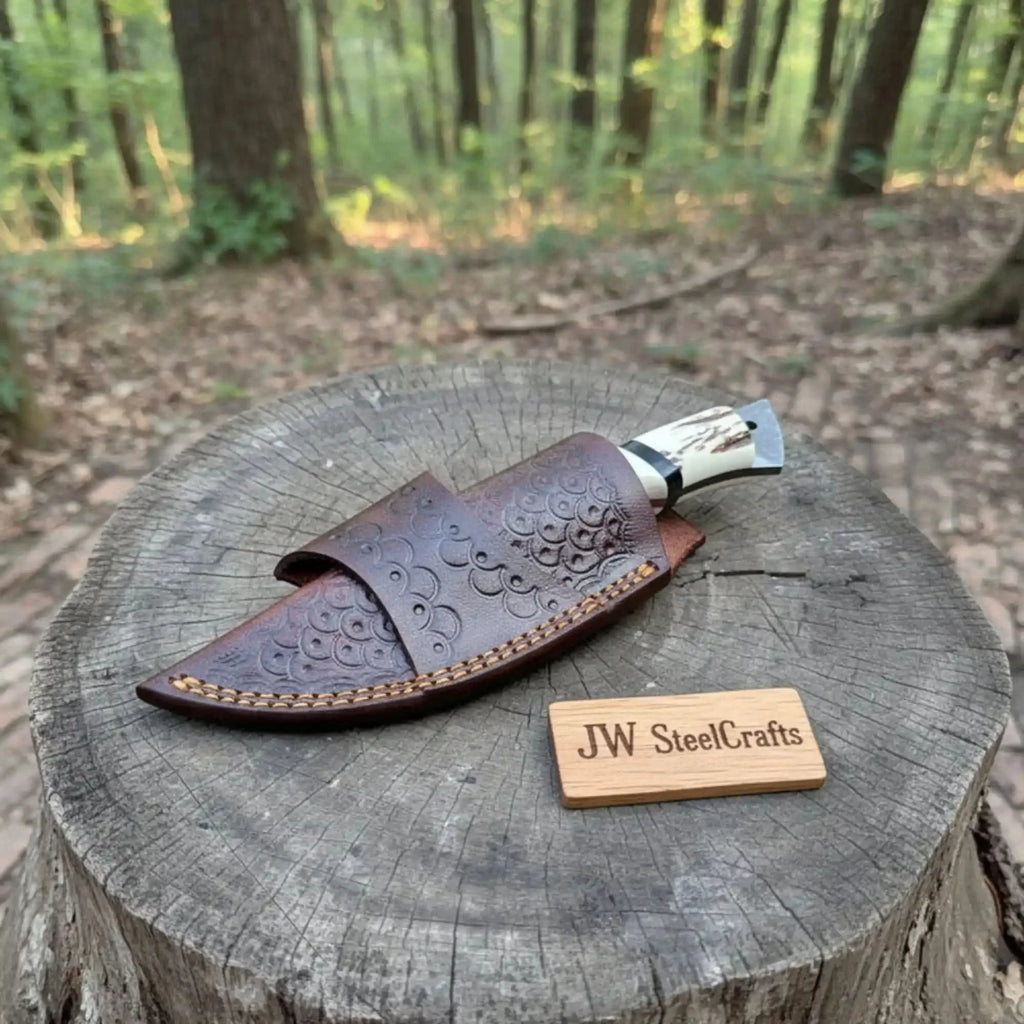 Handmade Damascus Drop Point Skinner Knife with Synthetic Stag Handle