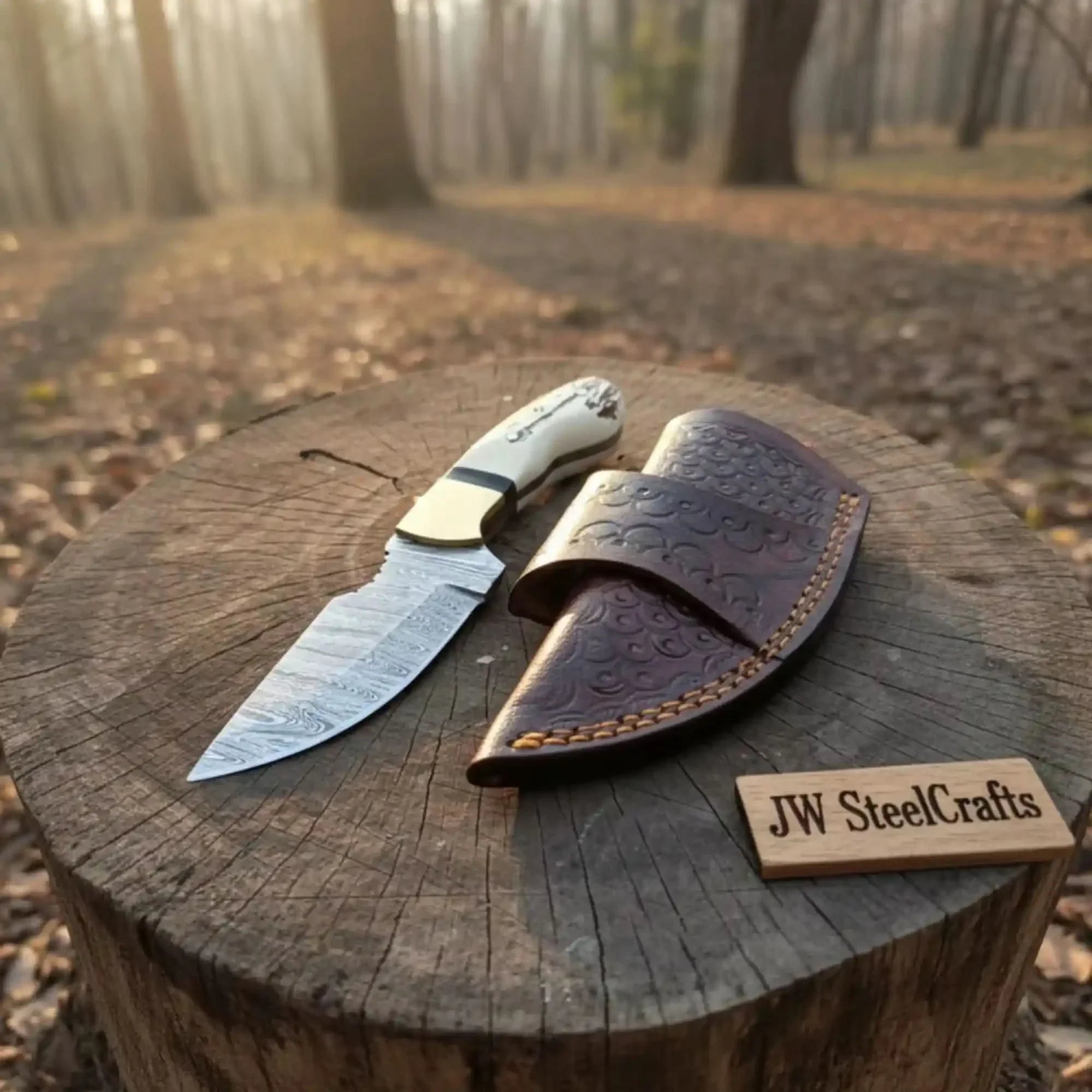 Handmade Damascus Drop Point Skinner Knife with Synthetic Stag Handle