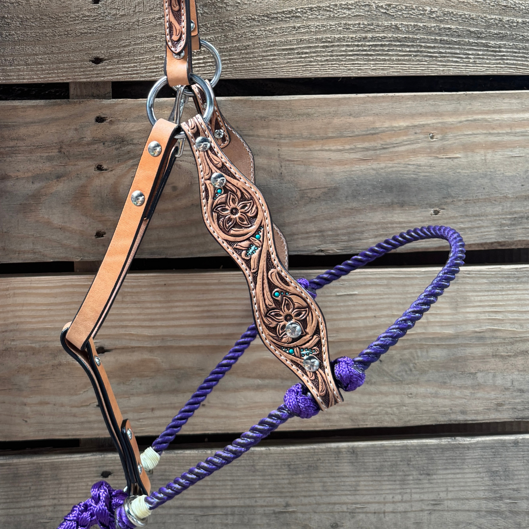 Purple Floral Tooled Lariat & Leather Combo Halter — view 2