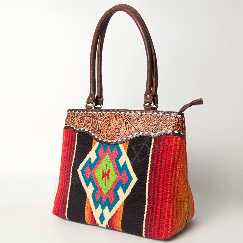 American Darling Tote Hand Tooled Saddle Blanket Genuine Leather