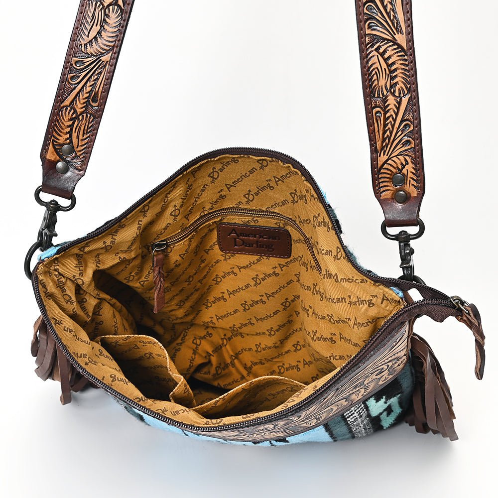 American Darling Signature Crossbody Hand Tooled Upcycled Wool Genuine Leather