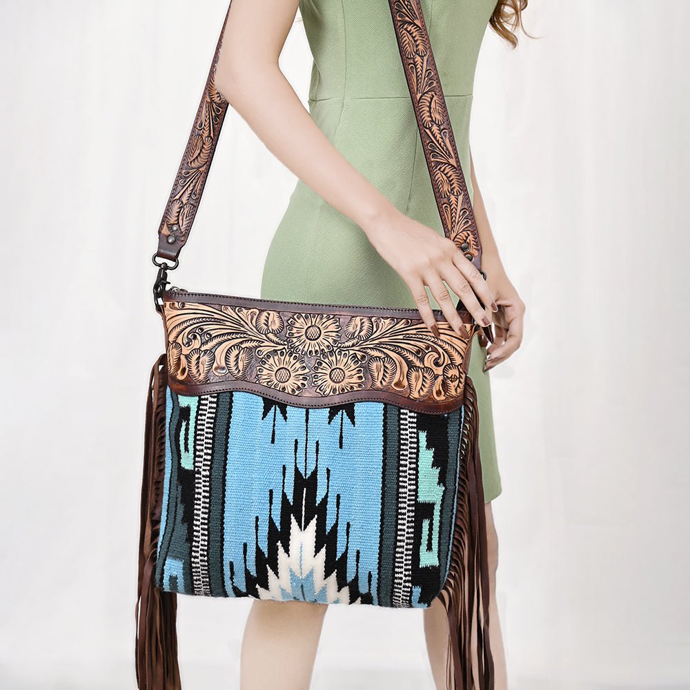 American Darling Signature Crossbody Hand Tooled Upcycled Wool Genuine Leather