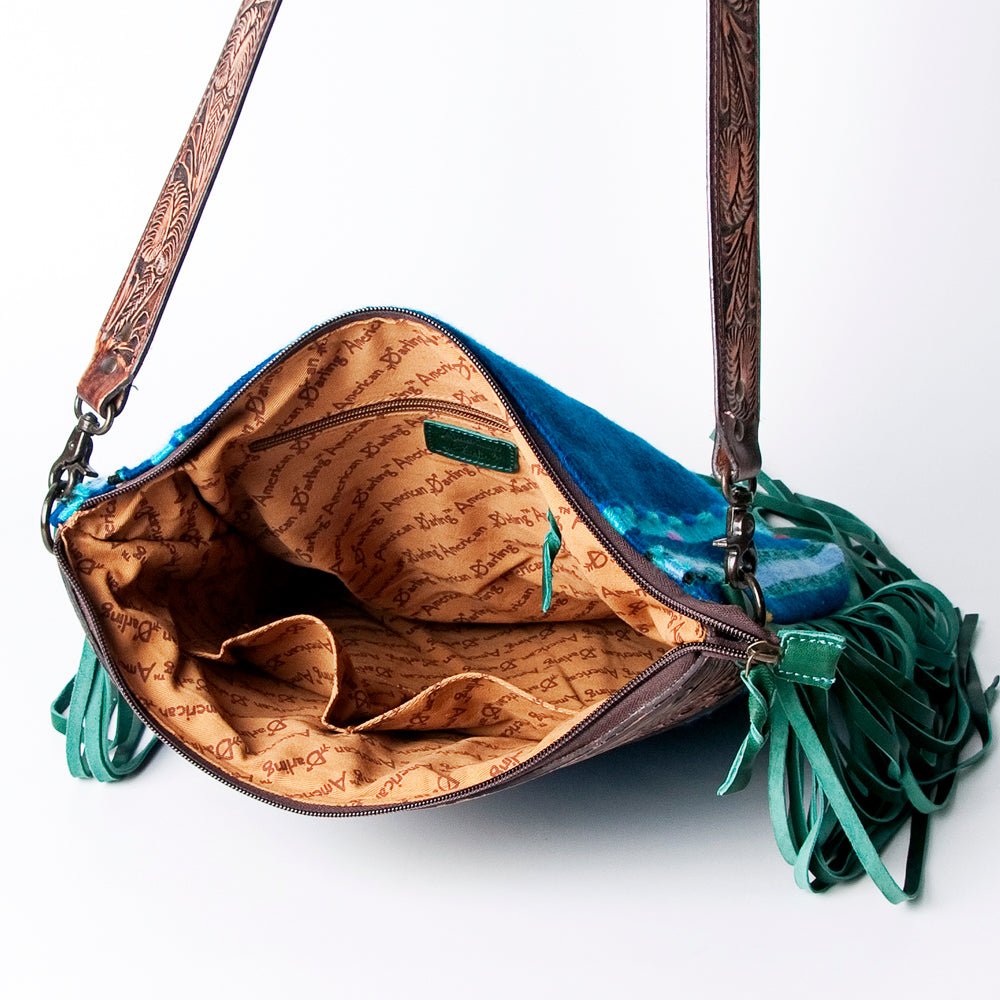 American Darling Signature Crossbody Hand Tooled Upcycled Wool Genuine Leather