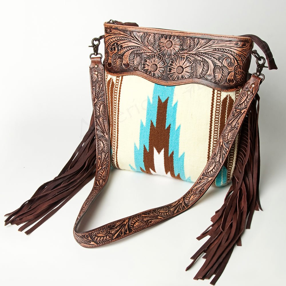 American Darling Signature Crossbody Hand Tooled Upcycled Wool Genuine Leather