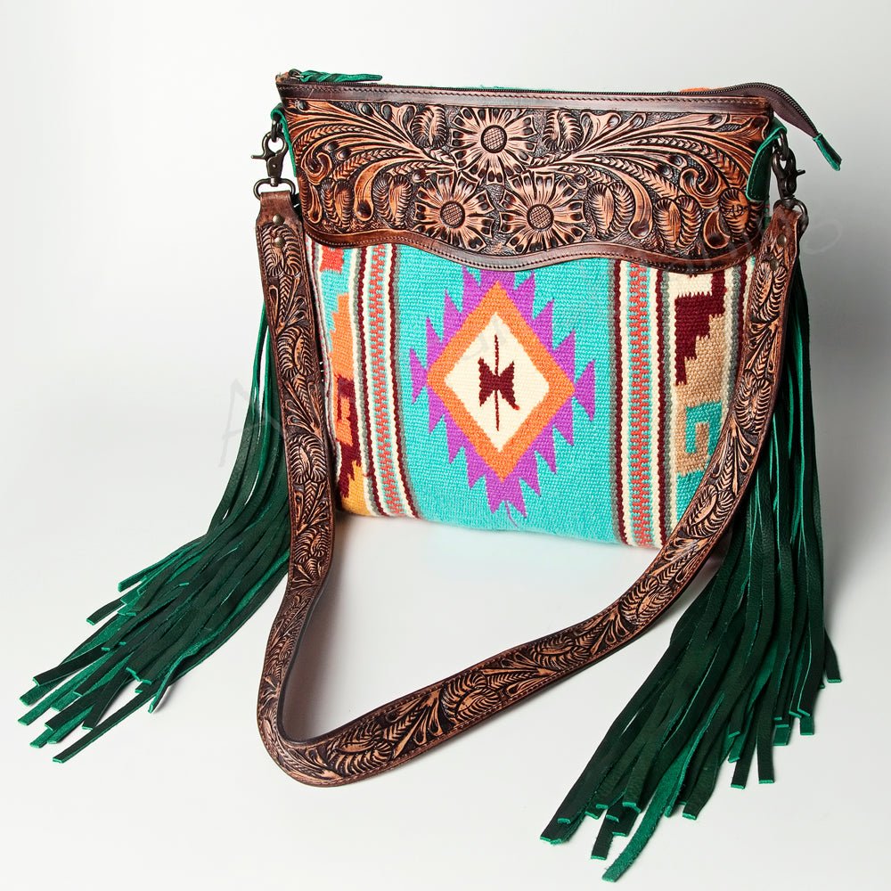 American Darling Signature Crossbody Hand Tooled Upcycled Wool Genuine Leather