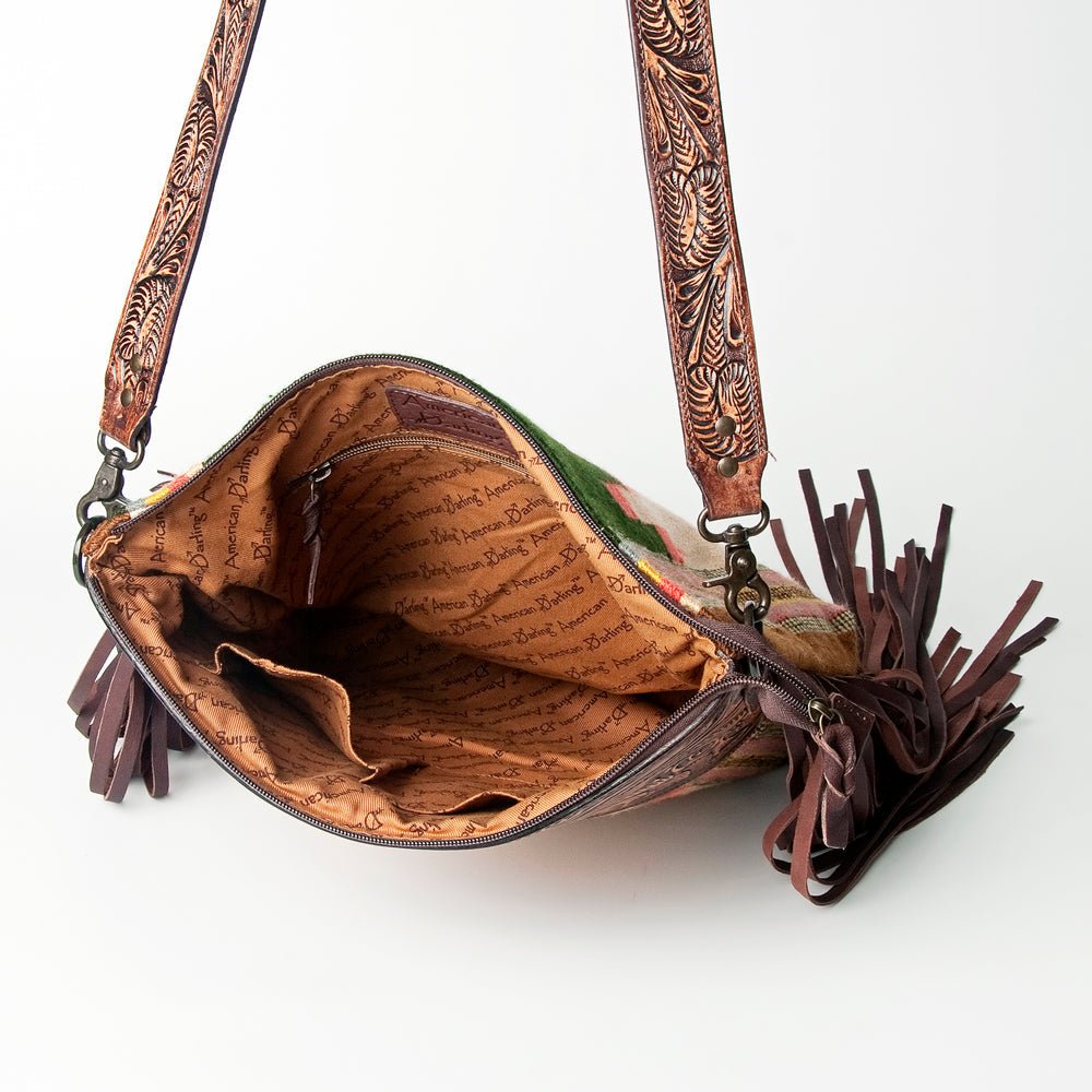 American Darling Signature Crossbody Hand Tooled Upcycled Wool Genuine Leather