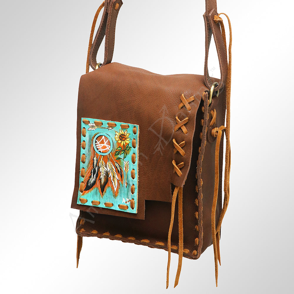 American Darling Cross body Bag, Hand-Painted Genuine Leather, Buck Stitched Western Bag with Fringes and YKK Zipper
