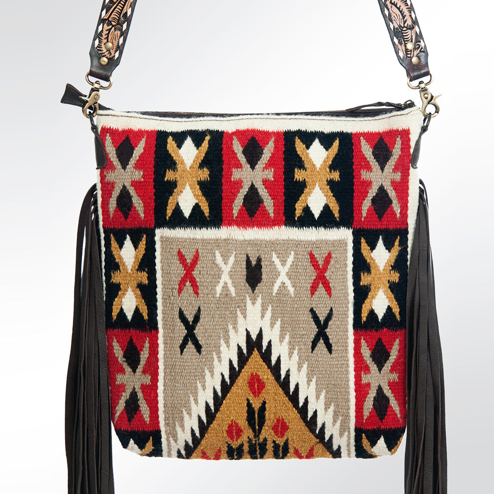 American Darling Cross body Bag Hand Woven Saddle Blanket Floral Tooled Genuine Leather with Fringes Western Purse