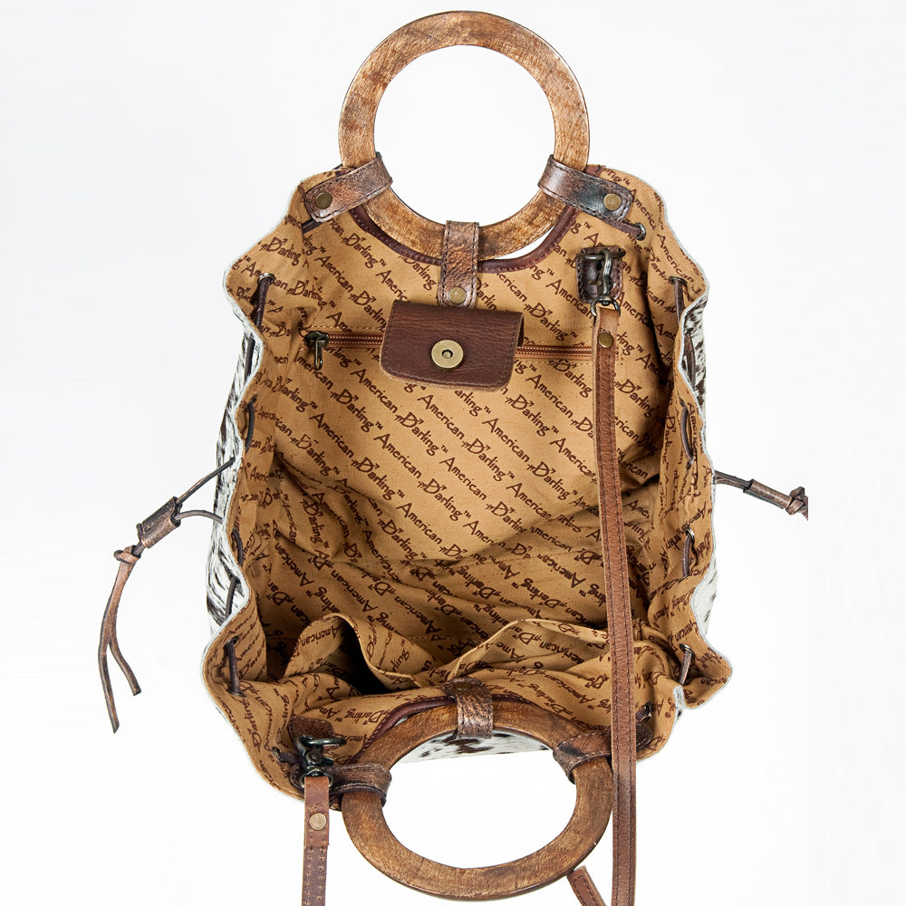 American Darling Tote Bag Hair-On Cowhide Genuine Leather Western Purse with Drawstring and Circular Wooden Handles