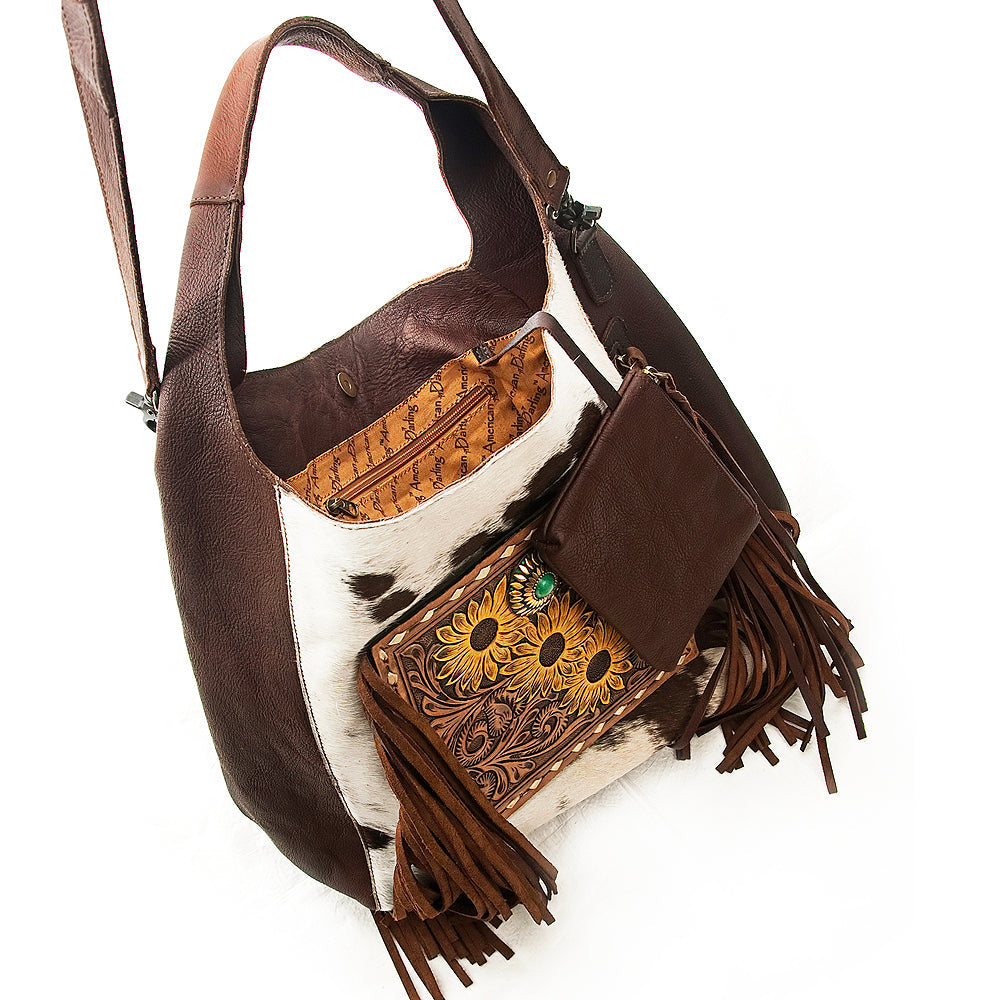 American Darling Hobo Bag Hand Tooled Floral Carved Genuine Leather Western Purse with Buck Stitched Trim & YKK Zipper