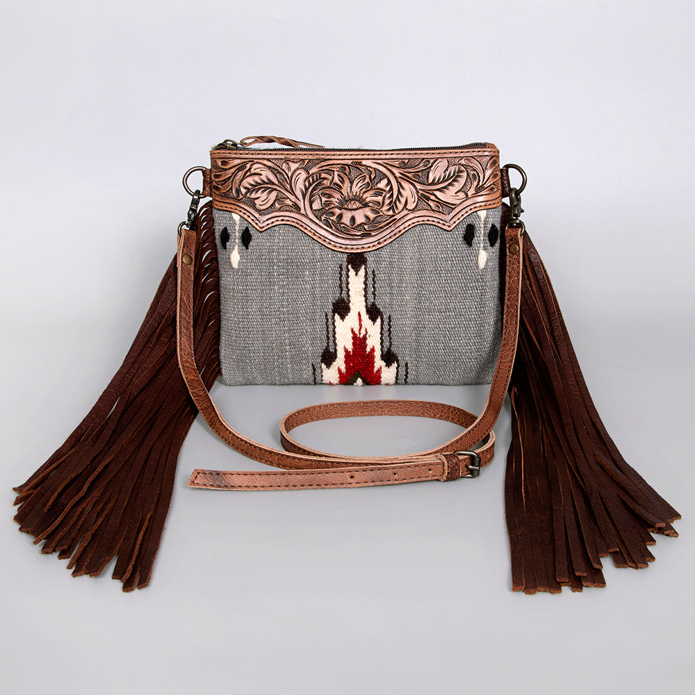 American Darling Western Cross body Bag Hand Tooled Floral Leather & Hand Woven Saddle Blanket with Fringes