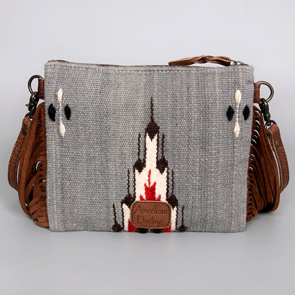 American Darling Western Cross body Bag Hand Tooled Floral Leather & Hand Woven Saddle Blanket with Fringes